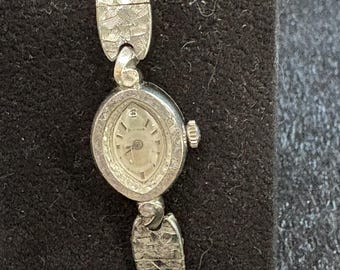 Vintage Ladies Bulova Solid 14K Etched White Gold Cocktail Watch