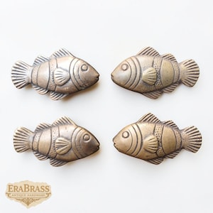 4X Vintage Crown Fish Brass Knobs, Solid Brass Cabinet Knob Set, Drawer Handles, Antique Style Hardware N.180