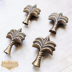 Peut inclure: Quatre boutons de meuble en laiton antique en forme de palmier. Chaque bouton présente un motif détaillé de feuilles de palmier et un tronc texturé. Les boutons sont disposés sur une surface en bois clair. Le logo EraBrass est visible.