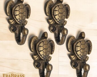 4X Small Antique Sea Turtle Brass Wall Hooks. Strong Clothes, Coat, Hat Hangers, Bathroom, Strong Mount