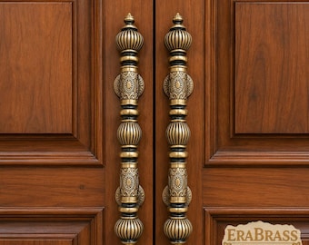 Pair 16.53" Vintage Carved Brass Door Pull Handles, Decorative Solid Brass Entry Door Handles, Antique Style Door Hardware