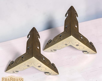 Juego de protectores de esquina vintage de latón macizo de 3", protectores de muebles de latón tallado, protector de bordes de gabinetes, herrajes decorativos JBG.076
