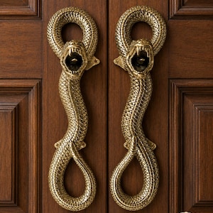 Pair 13" Vintage Snake Door Pull Handles, Curly Python Body Brass Handles, Old Style Antique Door Hardware, Unique Entry Door Pull
