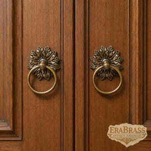 Par de pomos de latón con forma de hoja vintage de 7,5 cm (2,95 pulgadas), tiradores de cajón redondos antiguos, pomos de puerta de latón macizo, herrajes decorativos para muebles GB32