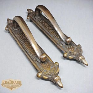 Pair 14" Solid Brass Door Pull Handle, Main Entry Door Handles, Carved Brass Door Hardware, Heavy Duty Handles