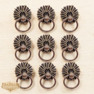 May include: Nine antique brass drawer pulls with a sunflower design. Each pull features a decorative rosette with a ring handle. The hardware is arranged in a grid pattern on a light wood surface. The EraBrass logo is visible in the lower left corner.