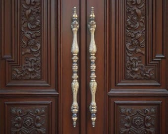 Par de tiradores de puerta de latón macizo de 41 pulgadas, tiradores largos tallados para puerta de entrada principal, herrajes para puerta principal