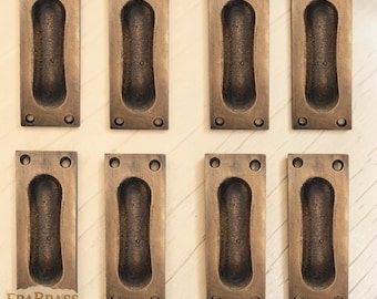 3.8" Set of 8 Solid Brass Baldwin Flush Pull Handles, Sliding Door Handles, Brass Cabinet & Drawer Pull Knobs