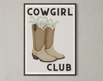 Cowgirl Club Print | Girly Western Wall Art | Cowboy Boot Decor | White Floral Cowgirl Poster