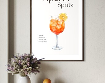 Orange Italian Spritz Cocktail Print | Neutral Kitchen Wall Art | Home Bar Decor | Minimalist Poster