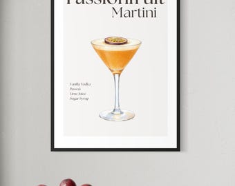 Lámina de Martini de Maracuyá / Arte mural de cócteles / Decoración neutra para la cocina / Póster para bar en casa