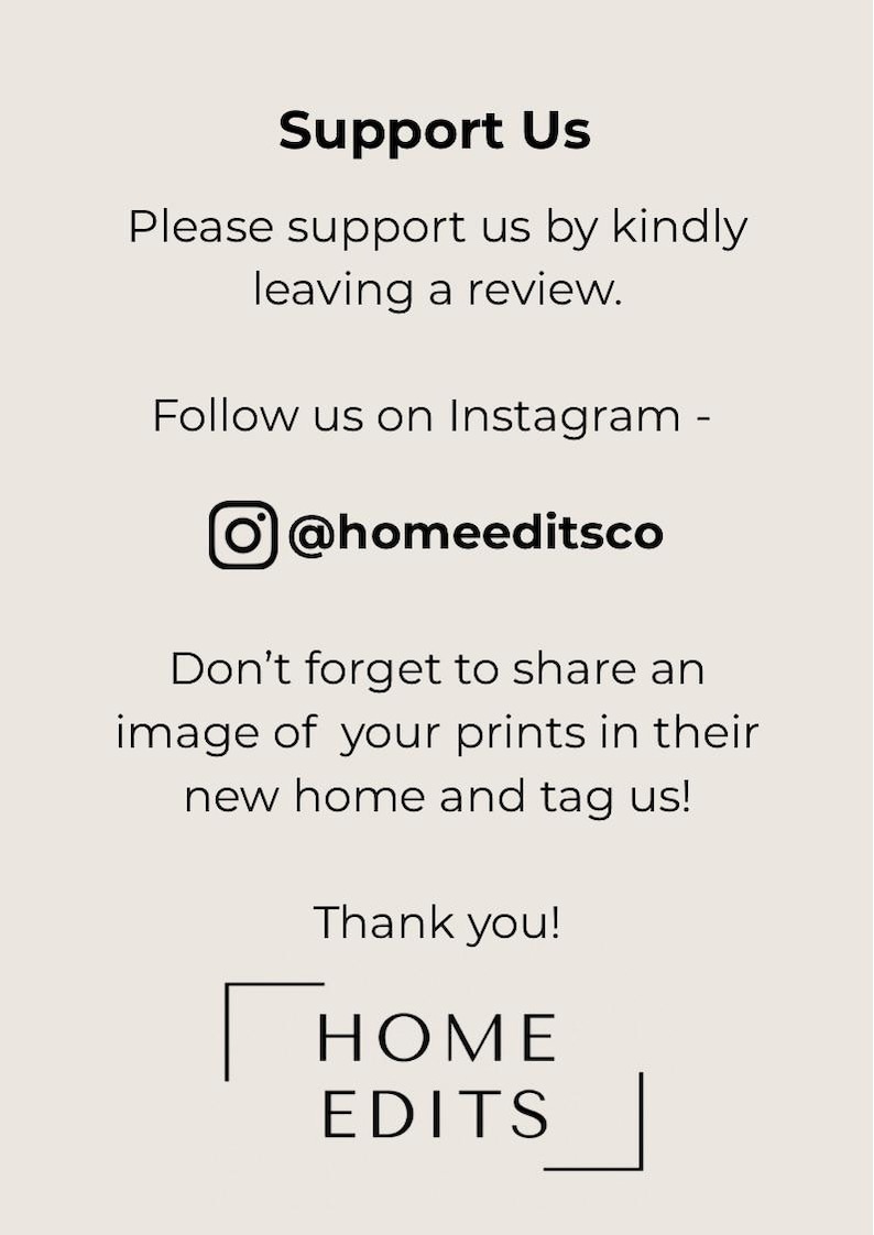Puede incluir: Gr&aacute;fico beige con texto negro. Se lee "Ap&oacute;yanos" y "Por favor, ap&oacute;yanos dejando una rese&ntilde;a." Se incluye el identificador de Instagram "@homeeditsco", junto con el texto "HOME EDITS".