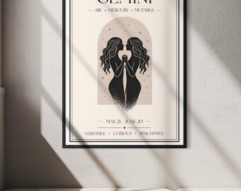 Gemini Zodiac Print | Star Sign Wall Art | Neutral Astrology Poster | Minimal Horoscope Decor
