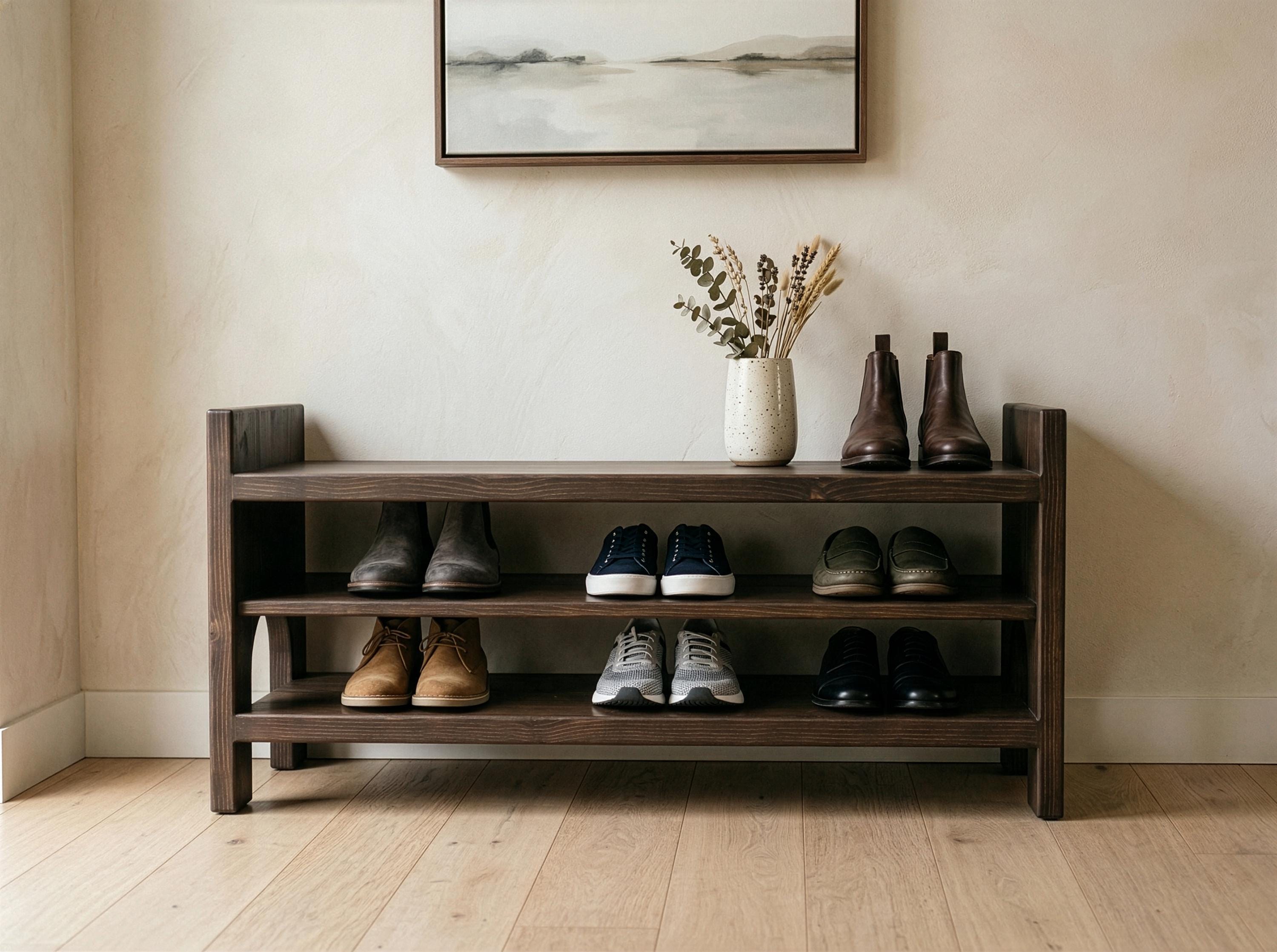 Top Entry Rack Organic Modern Shoe Rack, Arched Entryway Shoe Storage, Handmade Wooden ...