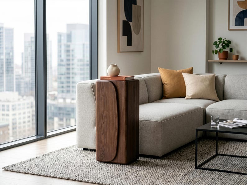 Op de afbeelding: Een moderne bijzettafel van donker hout met een gebogen ontwerp. De tafel staat naast een lichtgrijze hoekbank met bruine en cr&egrave;mekleurige kussens. Een kleine vaas en een boek liggen op de tafel. De kamer heeft een groot raam met uitzicht op de stad.