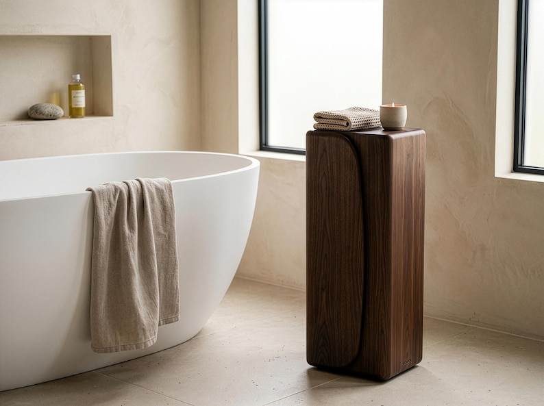 Op de afbeelding: Een moderne badkamer met een witte, ovale badkuip en een beige handdoek. Een donkerhouten, rechthoekige bijzettafel met een gevouwen beige handdoek en een kleine kaars. De kamer heeft een neutraal kleurenpalet.