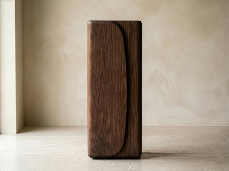 Op de afbeelding: Een hoge, rechthoekige houten kast met een donkerbruine afwerking. De kast heeft een gebogen, lichter gekleurd houten paneel aan de voorkant. Het ontwerp is minimalistisch en modern, met afgeronde randen. De kast wordt waarschijnlijk gebruikt voor opslag.