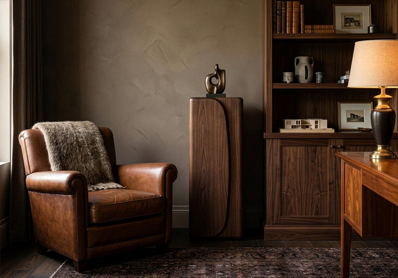 Op de afbeelding: Een gezellige woonkamer met een bruine leren fauteuil en een imitatiebont deken. Een houten kast met een bronzen sculptuur staat in de buurt. Een houten boekenkast en bureau met een lamp maken de ruimte compleet.