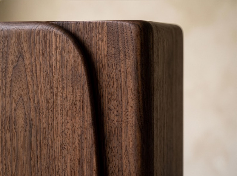 Op de afbeelding: Close-up van een houten hoek van een kast. De kast is gemaakt van donkerbruin hout met een zichtbare nerf. Een gebogen designelement is in het hout gesneden en voegt een vleugje elegantie toe. De achtergrond is neutraal beige.
