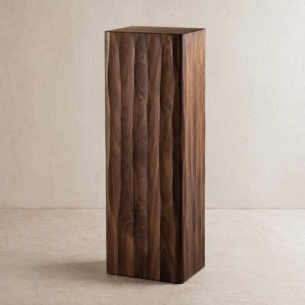 Luxury American Black Walnut Plinth Column Display Pedestal, Matte Oil Finish, Fluted Relief Vase Plant Sculpture Stand