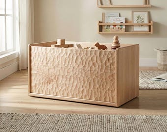Solid Maple Toy Bin for Toddlers – Open Wood Toy Storage with Hand-Chiseled Front – Modern Nursery & Playroom Decor