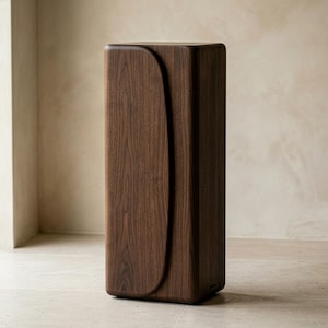 May include: A tall, dark brown wooden cabinet with a curved design on the front. The cabinet is rectangular with rounded edges and sits on a light-colored floor. The wood grain is visible.
