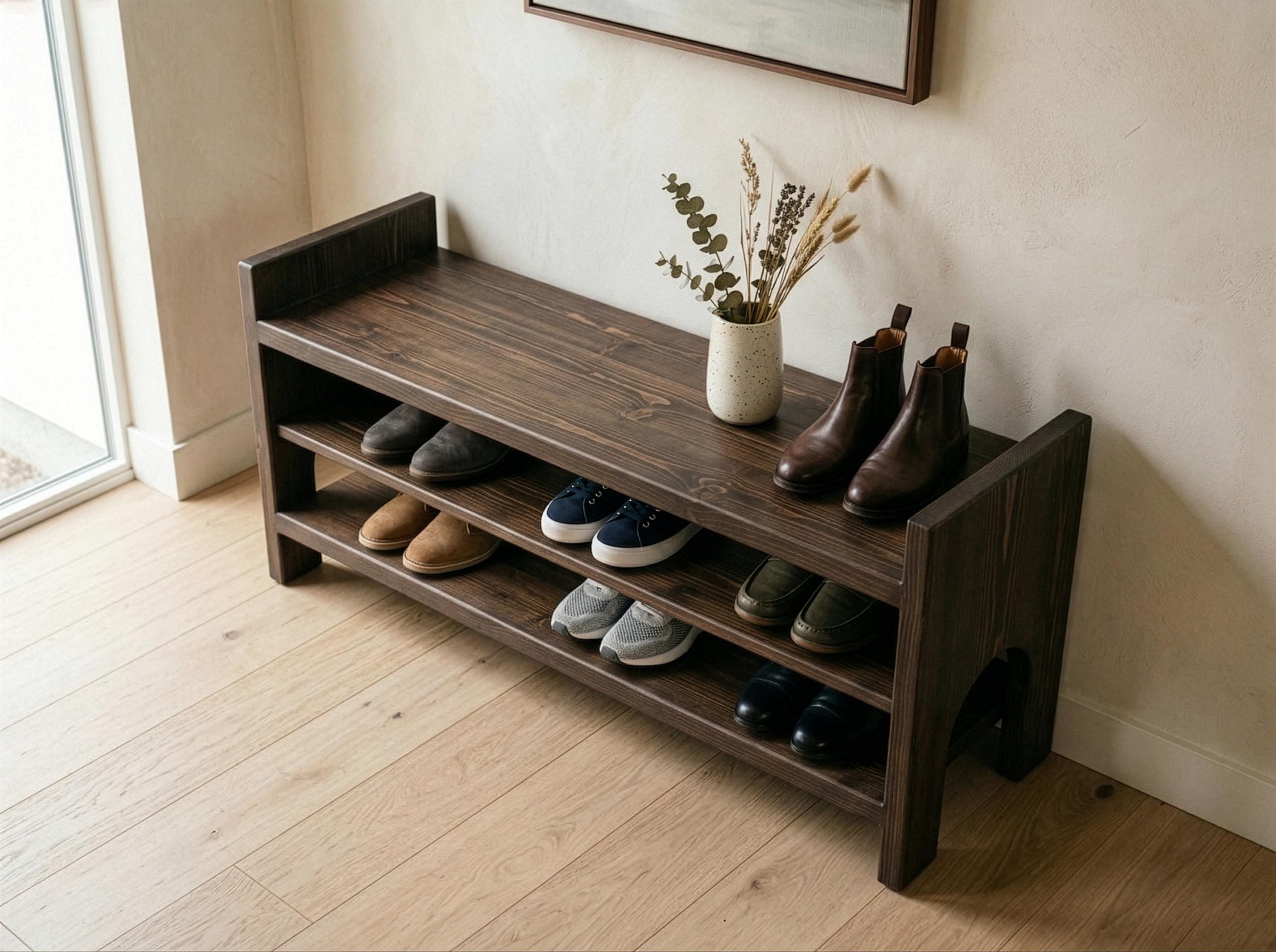 Top Entry Rack Organic Modern Shoe Rack, Arched Entryway Shoe Storage, Handmade Wooden ...