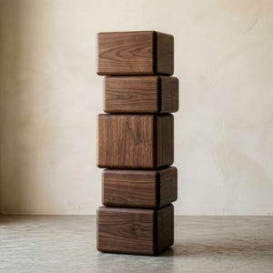 May include: A tall, wooden storage unit composed of five stacked, dark brown, rectangular blocks. The blocks have a smooth, polished finish and are arranged vertically. The unit stands on a concrete floor against a neutral-toned wall.