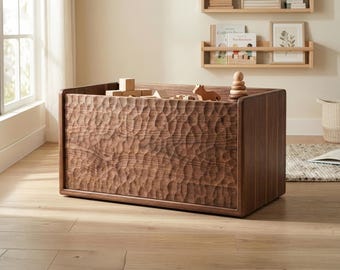 Solid Walnut Toy Bin for Toddlers – Open Wood Toy Storage with Hand-Chiseled Front – Modern Nursery & Playroom Decor