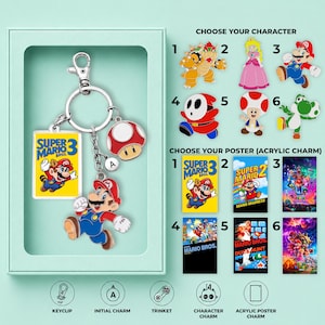 May include: A silver-toned metal keychain featuring a Super Mario Bros. 3 acrylic charm, a Mario character charm, a red and white mushroom charm, and a small letter A charm. The set includes a selection guide for characters and acrylic posters.