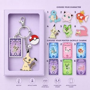 May include: A keychain set featuring a Mimikyu character charm, a rectangular acrylic poster charm with Mimikyu artwork, a circular Poke Ball trinket, and a small letter A charm. The set is displayed in a light purple box with a character selection guide.
