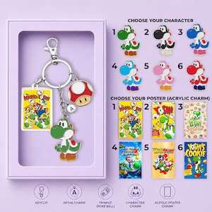 May include: A metal keyring featuring a green Yoshi character charm, a red and white mushroom charm, a small circular charm with the letter A, and a rectangular acrylic charm depicting Mario and Yoshi. The set includes options for character and poster designs.