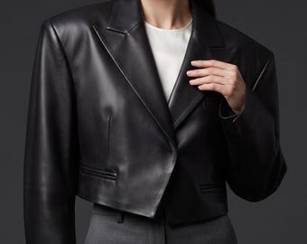 Women’s Black Leather Blazer, Handmade Cropped Lambskin Jacket, Structured Power Shoulder, Gift For Her