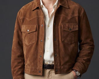 Handmade Men's Brown Cropped Suede Jacket | Real Suede Custom Oversized Boxy Trucker Coat