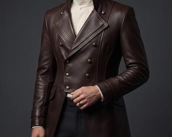 May include: A dark brown leather double-breasted coat featuring a high collar, structured lapels, and metallic gold-toned buttons. The coat is worn over a cream-colored shirt with vertical pleats and paired with dark trousers.