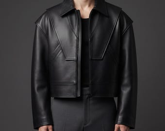 Men’s Black Leather Bomber Jacket, Cropped Oversized Flight Jacket, Handmade Custom Fit, Personalized Gift
