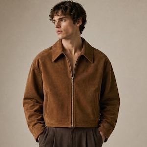 May include: A brown suede jacket featuring a classic collar, long sleeves, and a central silver-toned metal zipper closure. The garment has a structured fit with clean lines and a smooth, matte texture, worn over dark brown trousers.