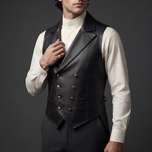 May include: A black double-breasted vest featuring a wide lapel, six metallic buttons arranged in two columns, and a side adjustment buckle. The vest is worn over a cream-colored long-sleeved shirt with a high collar and vertical pleats.