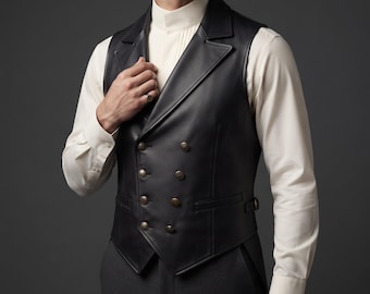 May include: A black double-breasted vest featuring a wide lapel, six metallic buttons arranged in two columns, and a side adjustment buckle. The vest is worn over a cream-colored long-sleeved shirt with a high collar and vertical pleats.