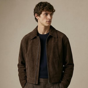 May include: A dark brown suede jacket featuring a classic collar, a full-length front zipper closure, and long sleeves. The jacket is worn over a plain dark navy blue crew neck shirt, creating a layered look with a clean, structured silhouette.