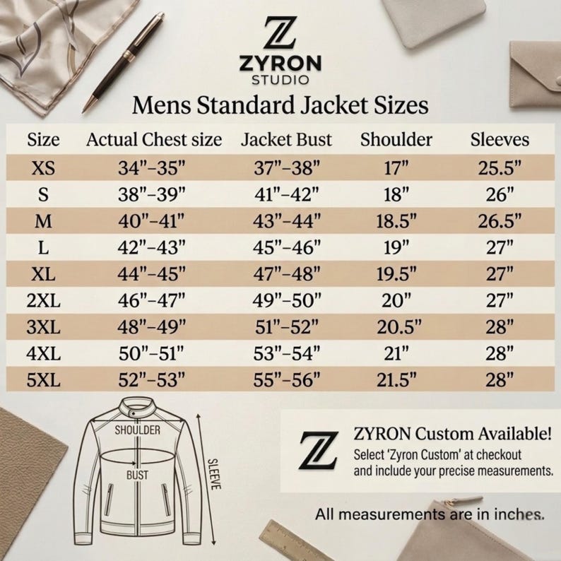 May include: A Zyron Studio size chart for jackets, displaying measurements in inches for sizes XS through 5XL. The table includes columns for actual chest size, jacket bust, shoulder width, and sleeve length, with a diagram illustrating these points.