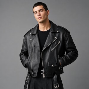 May include: A black leather motorcycle jacket featuring a wide notched collar, silver-toned metal zippers, snap button details on the lapels and shoulders, and an adjustable waist belt with a metal buckle, worn over a plain black t-shirt.