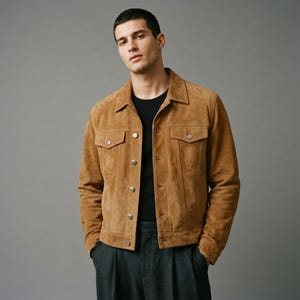 May include: A tan suede jacket with two chest pockets and button closures. The jacket is worn over a black crew neck shirt and paired with dark gray trousers. The model is standing in front of a gray background.