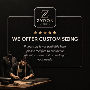May include: A black graphic sign featuring the Zyron Studio logo, five gold stars, and the text: WE OFFER CUSTOM SIZING. If your size is not available here, please feel free to contact us. We will customize it according to your needs.