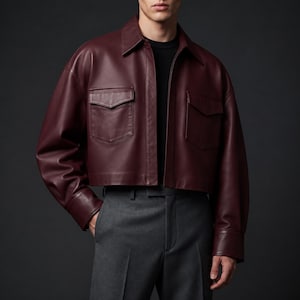 Men's Oversized Cropped Leather Jacket | Handmade Burgundy Lambskin Boxy Coat | Avant-Garde Cropped