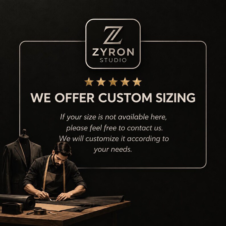 May include: A black graphic featuring the Zyron Studio logo, five gold stars, and the text: WE OFFER CUSTOM SIZING. If your size is not available here, please feel free to contact us. We will customize it according to your needs. A tailor works.