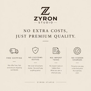 May include: A beige informational graphic featuring the Zyron Studio logo at the top. The text reads: No extra costs, just premium quality. Below are four icons representing free shipping, no customs duties, no import taxes, and no hidden charges.