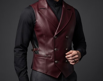 May include: A double-breasted vest in deep burgundy faux leather featuring a wide lapel, six dark buttons arranged in two columns, and a side adjustment strap with a buckle. The garment is worn over a solid black long-sleeved button-down shirt.