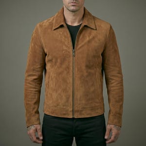 May include: A tan suede jacket featuring a pointed collar, long sleeves, and a central metal zipper closure. The jacket is worn over a black shirt and paired with black pants, showcasing a structured fit with clean lines and a smooth texture.