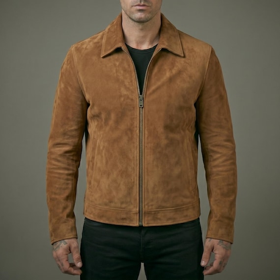 Men’s Suede Jacket, Caramel Tan Harrington Real Suede Leather Coat, Handmade Slim Fit